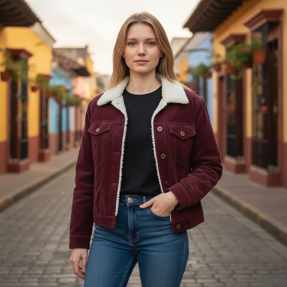 Sanctuary Burgundy Red with White Sherpa‎ Teddy Corduroy Jacket